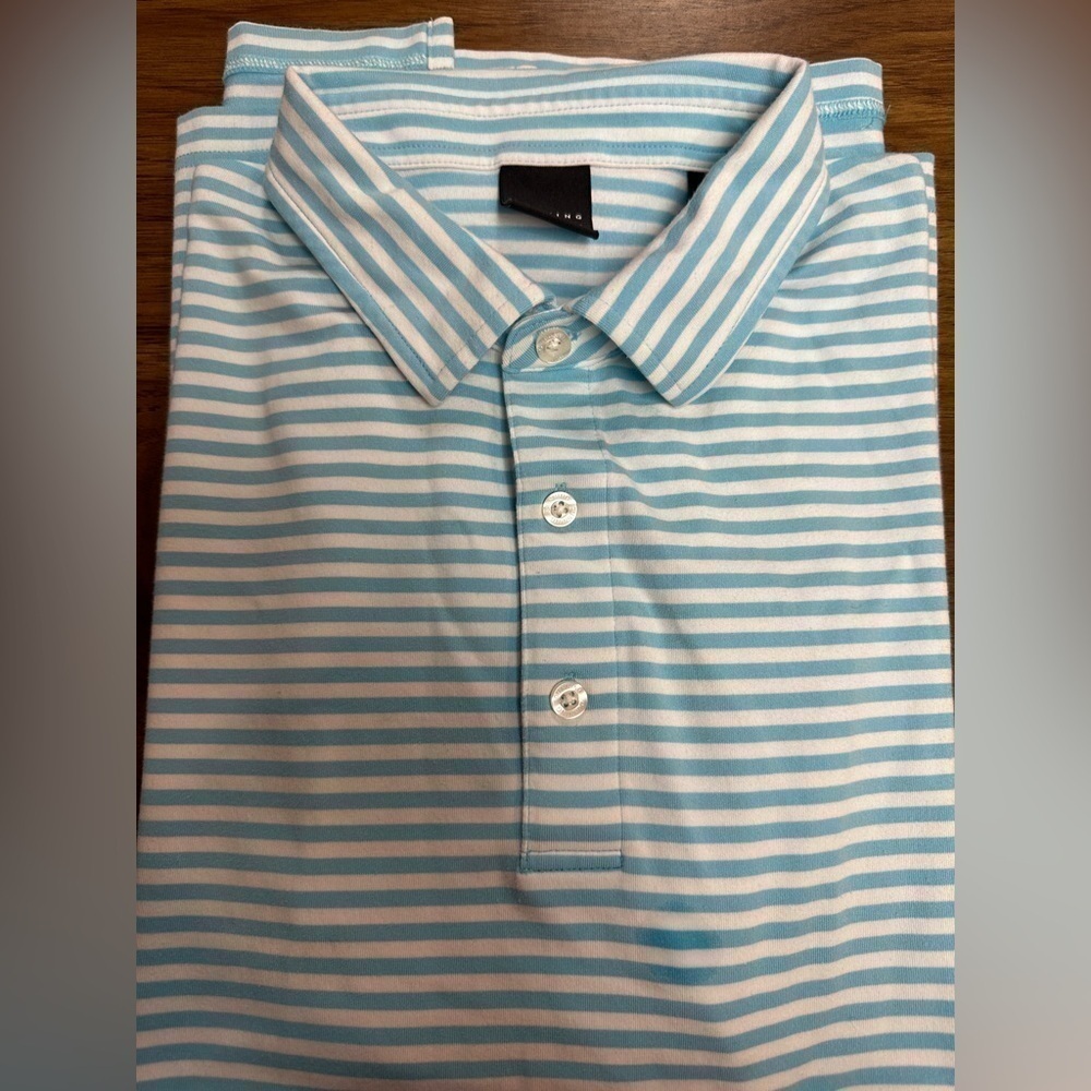 Dunning Golf Men’s Size Large Polo Short Sleeve Medium Blue & White Thin Stripe - Picture 6 of 9